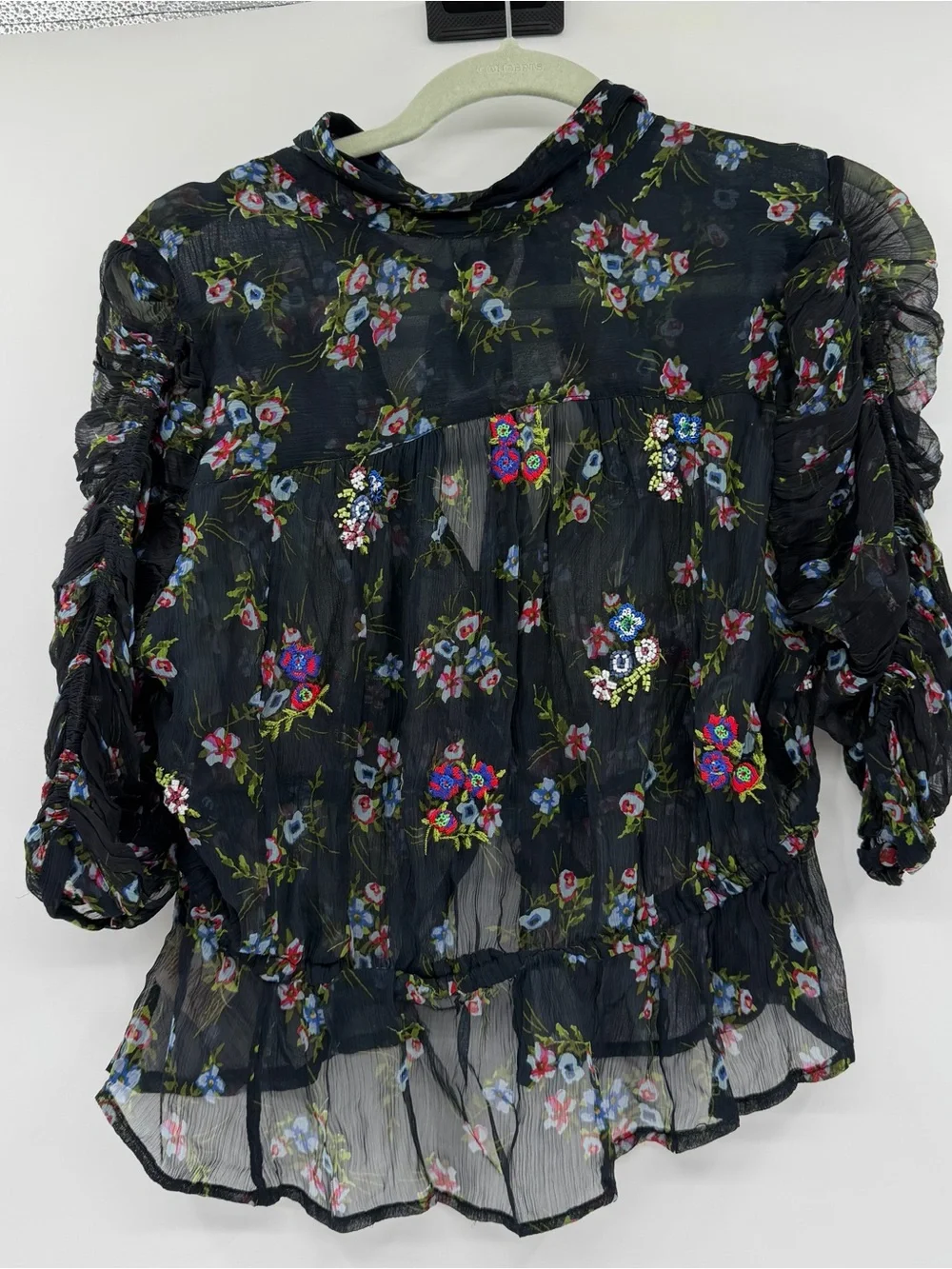 Free People Sheer Black Floral Tie-Neck Blouse beaded and embroidered size small